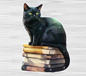 Black cat sitting on books
