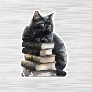 Black cat on a stack of books